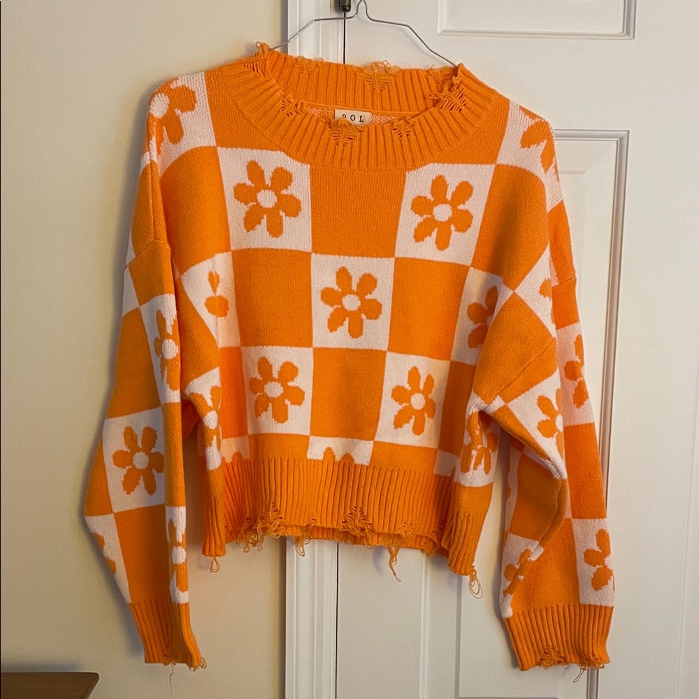 POL Orange and White Floral Checkered Sweater